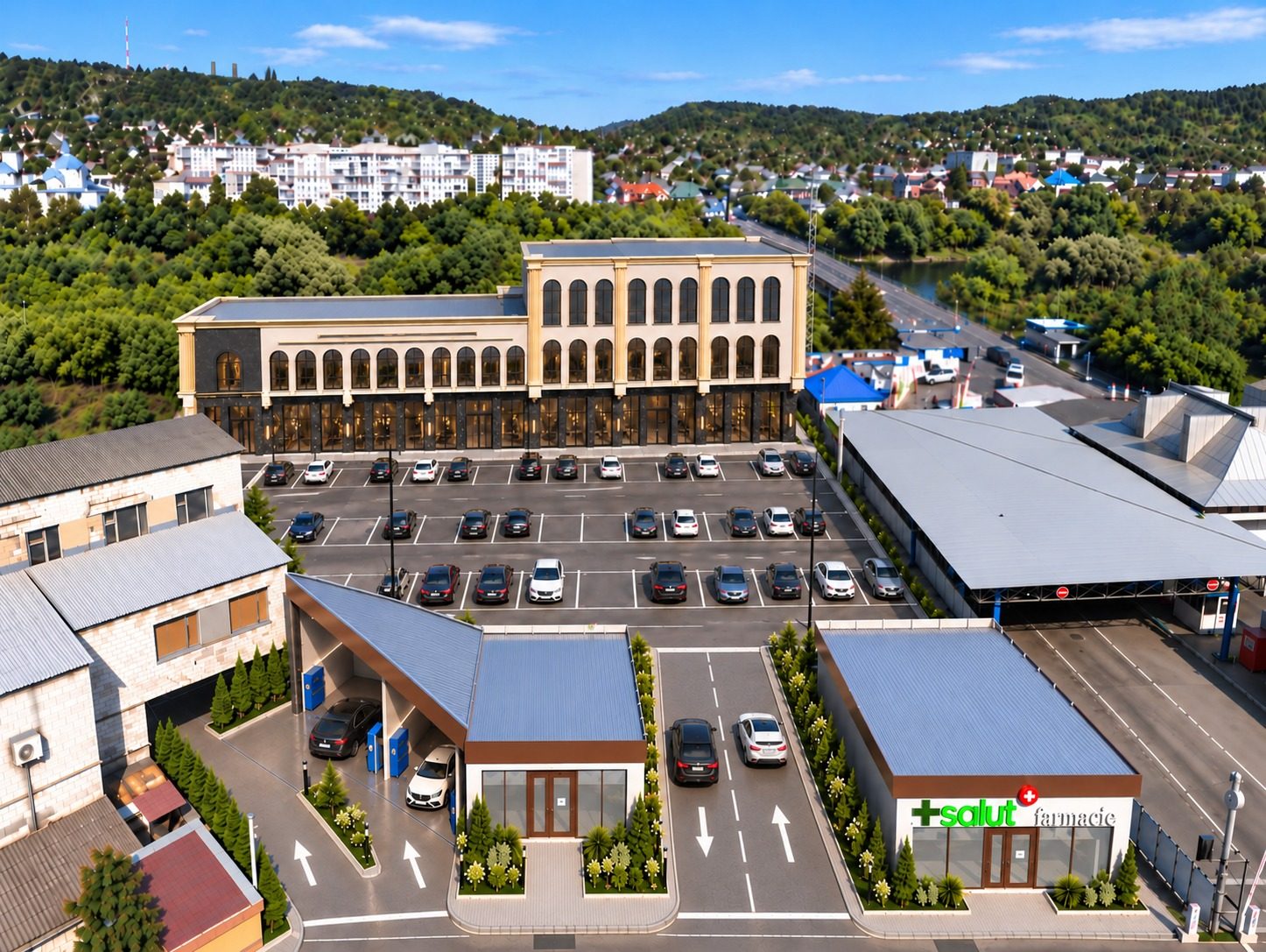 Vedere aeriană a complexului Nord Hub, cu clădirea principală, parcarea și pavilioanele comerciale